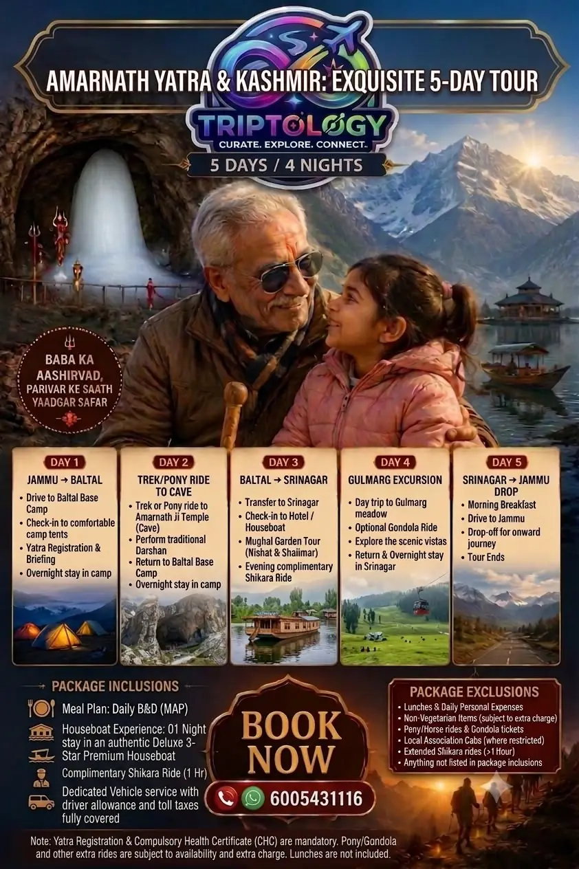 Amarnath Yatra and Kashmir 5 day 4 night tour package by Triptology: Jammu to Baltal base camp, Amarnath cave darshan, Srinagar houseboat stay, Gulmarg excursion. Book on WhatsApp +91 6005431116