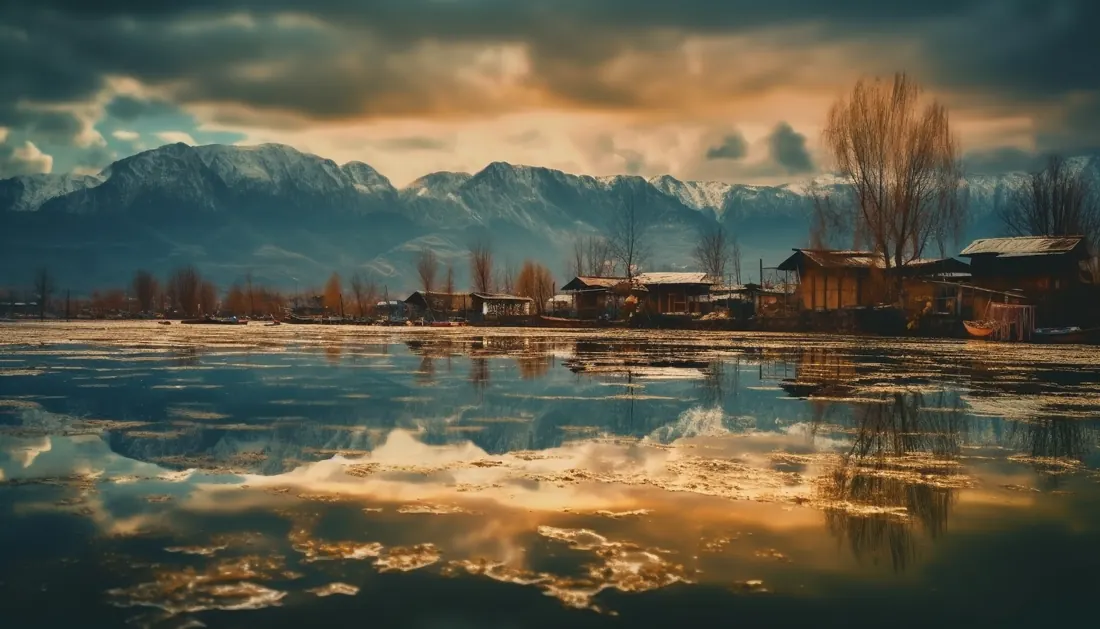 Sunset reflection over a lakeside village in Kashmir