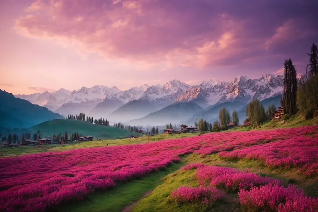Snow peaks above a valley of pink blossoms in Kashmir